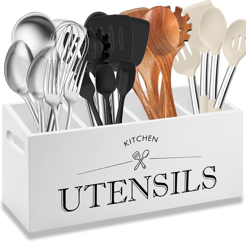 KJEC Kitchen Utensil Holder with 4 Compartments, Wooden Utensil Organizer for Countertop, Ideal for Storage and Organization, Rustic Cooking Utensil Kitchen Tool, White - Image 1